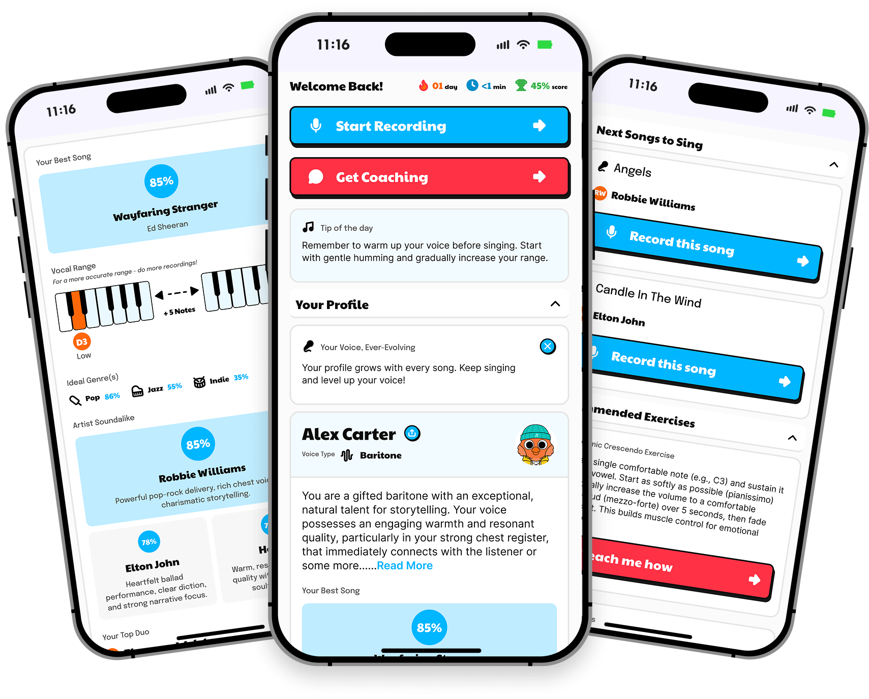 Singing Coach AI app screens showing a vocal range profile, recording home screen and matched song suggestions