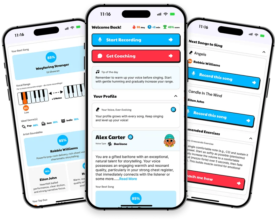 Singing Coach AI App 畫面：音域檔案、錄音首頁與推薦歌曲