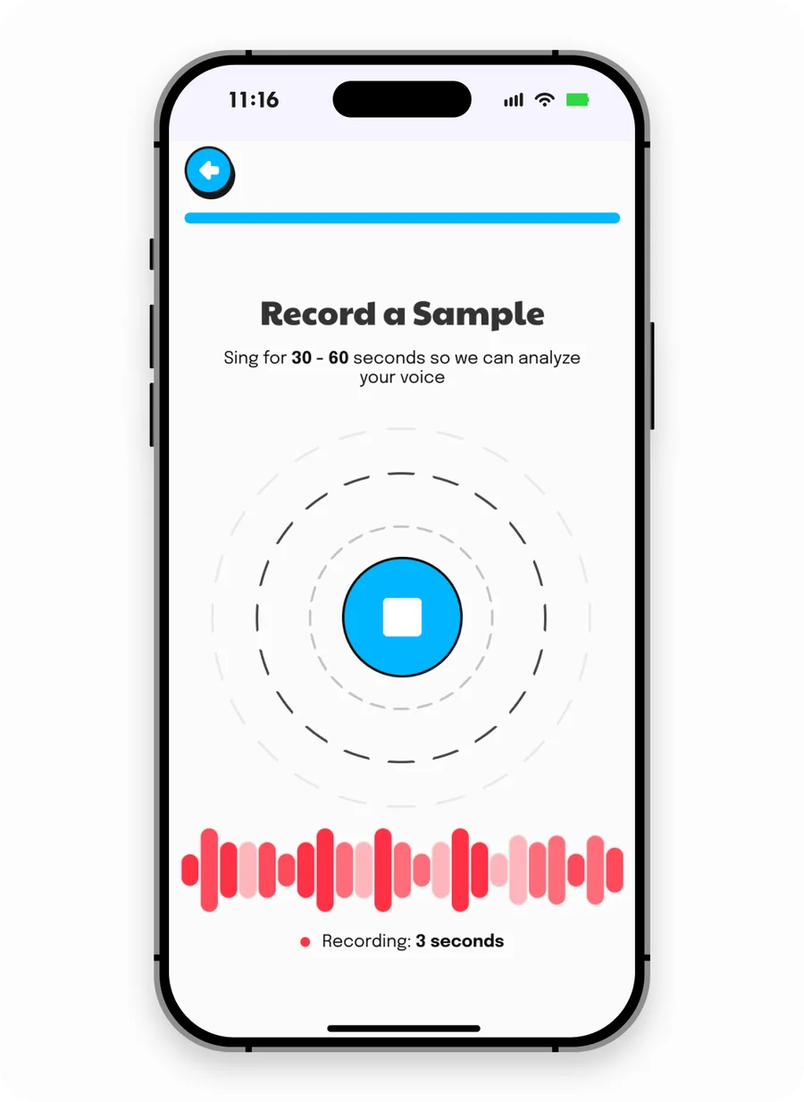 Record a Sample screen in the Singing Coach AI app capturing a 30–60 second singing clip