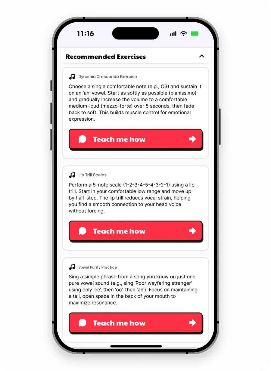 Recommended vocal exercises in the Singing Coach AI app with step-by-step instructions and Teach me how buttons