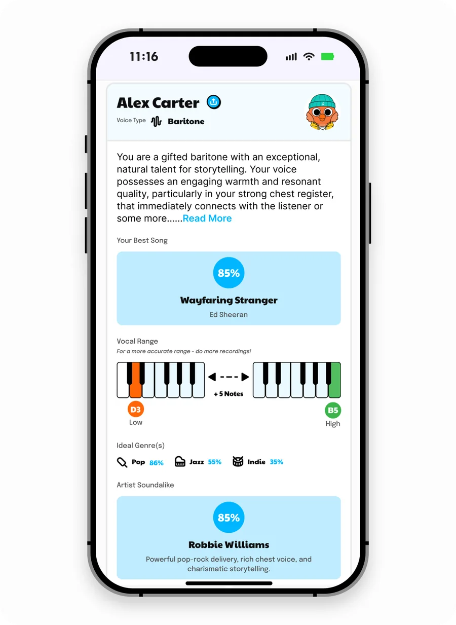 Vocal DNA profile in the Singing Coach AI app showing voice type, vocal range, ideal genres and an artist soundalike