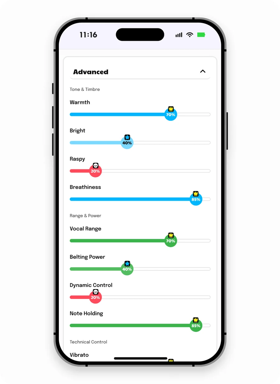 Advanced analysis screen in the Singing Coach AI app with scores for warmth, brightness, vocal range, belting power and more