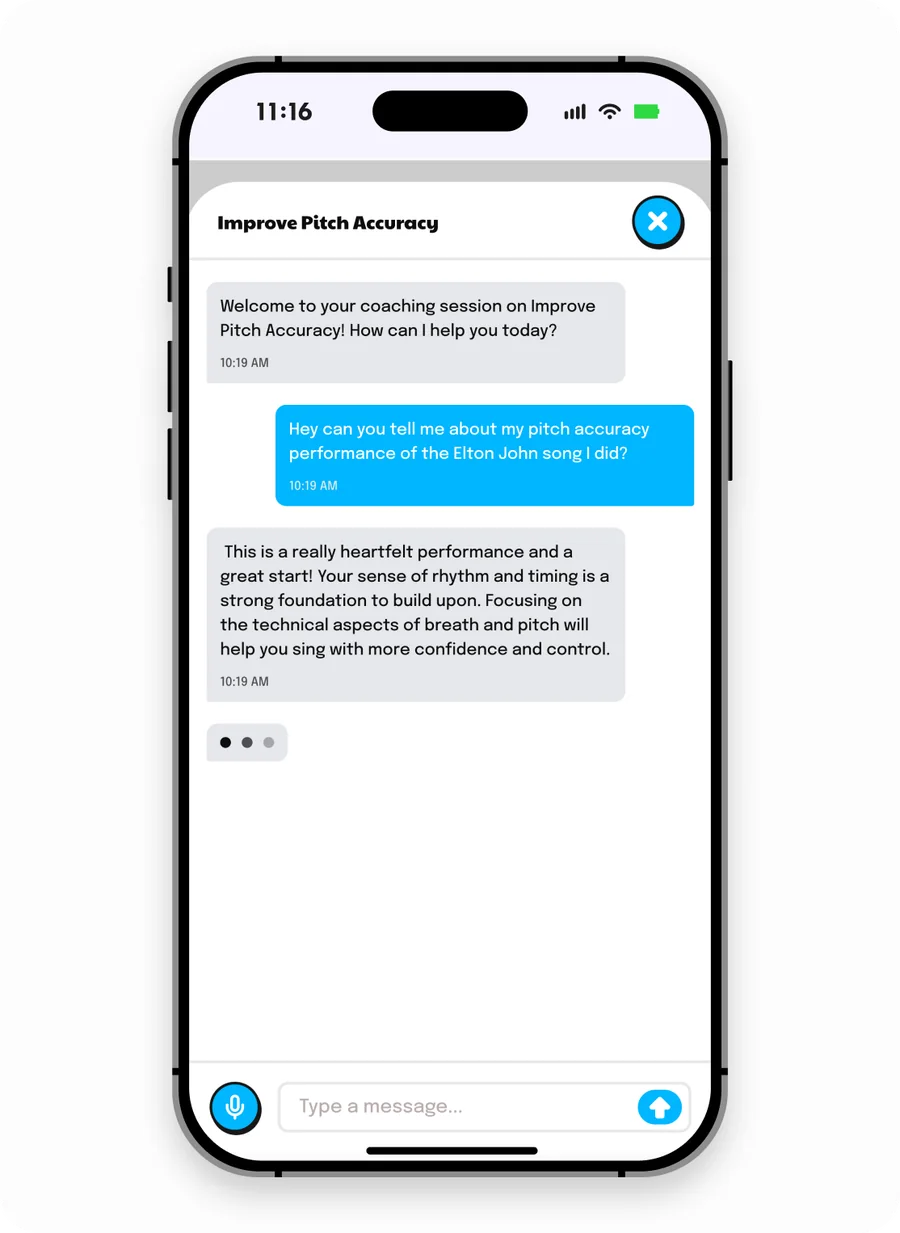 AI coach chat in the Singing Coach AI app explaining a singer’s pitch accuracy in plain language