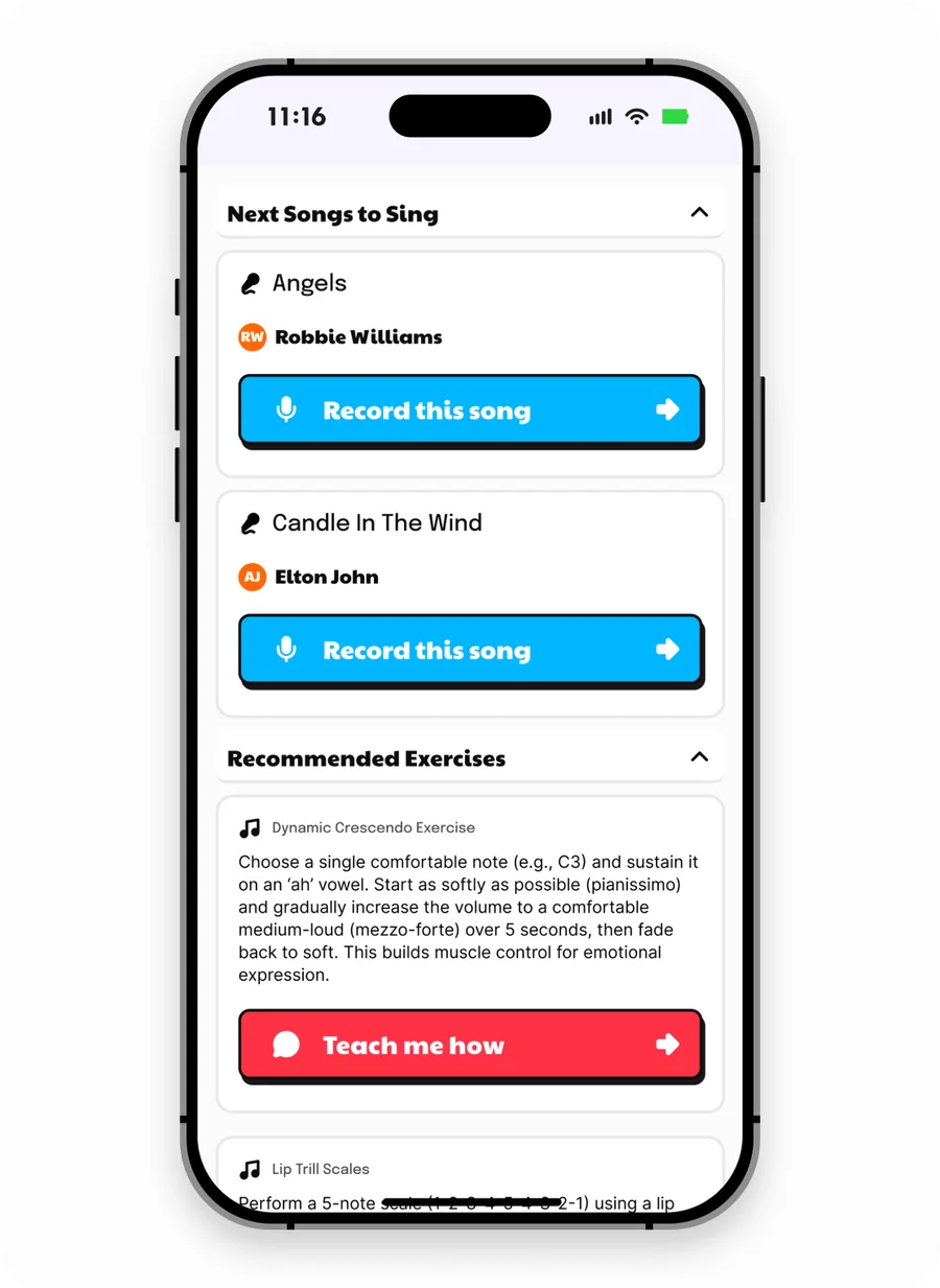 Next songs to sing and recommended exercises matched to a singer’s voice in the Singing Coach AI app